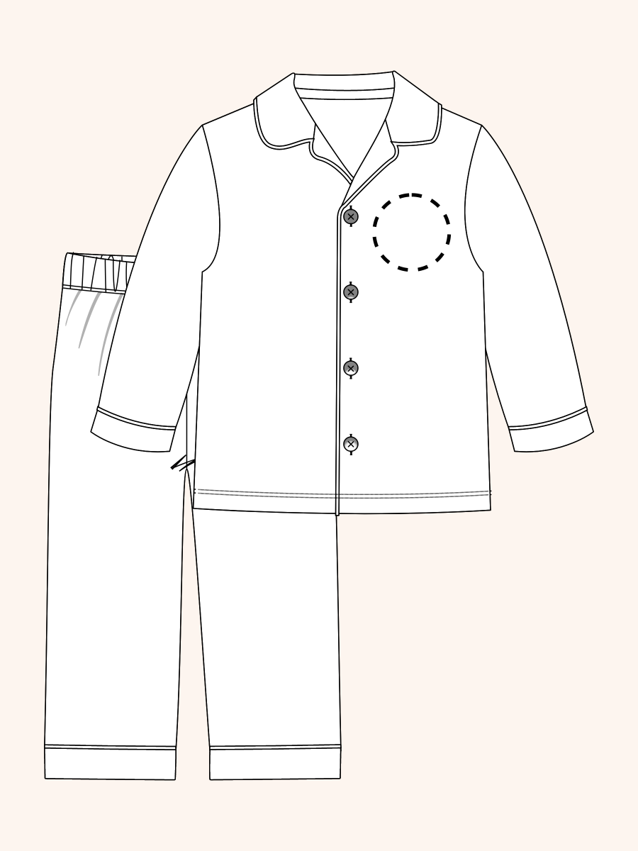 Line drawing of Red & Green Dear Santa Button Up Pajama Set. A dotted circle indicates the approximate location for personalization.