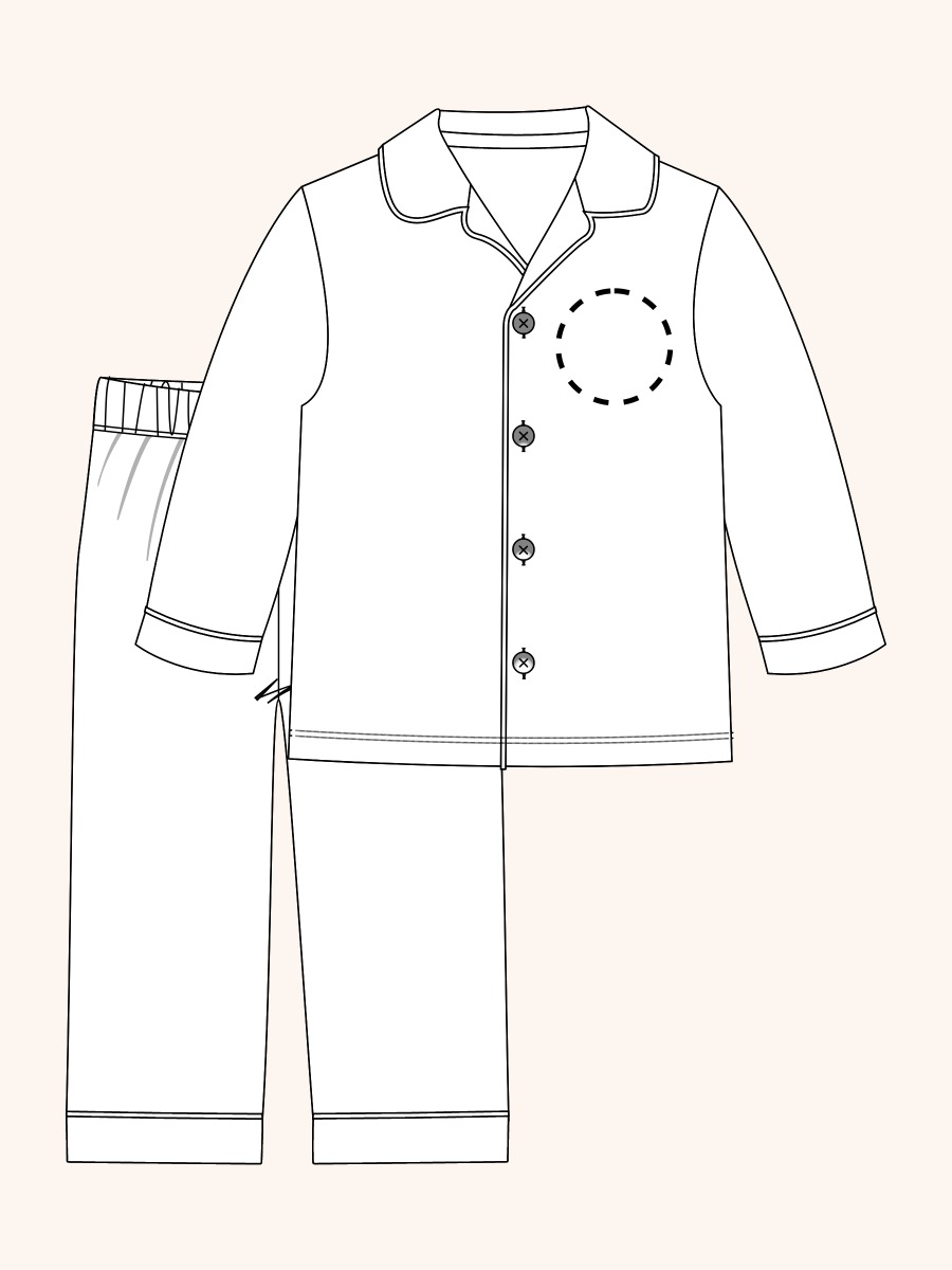 Line drawing of Red & White Gingham Button Up Pajama Set. A dotted circle indicates the approximate location for personalization.