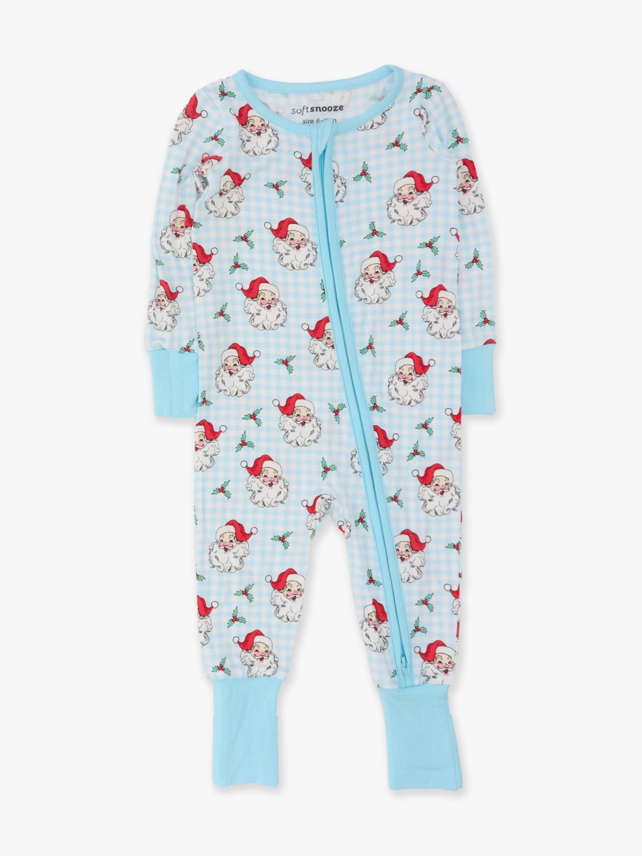 Line drawing of Blue Dear Santa Convertible One Piece Pajama, Bamboo Viscose. A dotted circle indicates the approximate location for personalization.