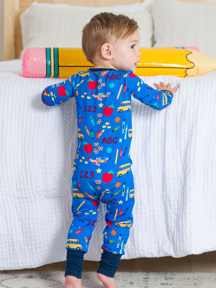 Blue School House Convertible One Piece Pajama, Bamboo Viscose