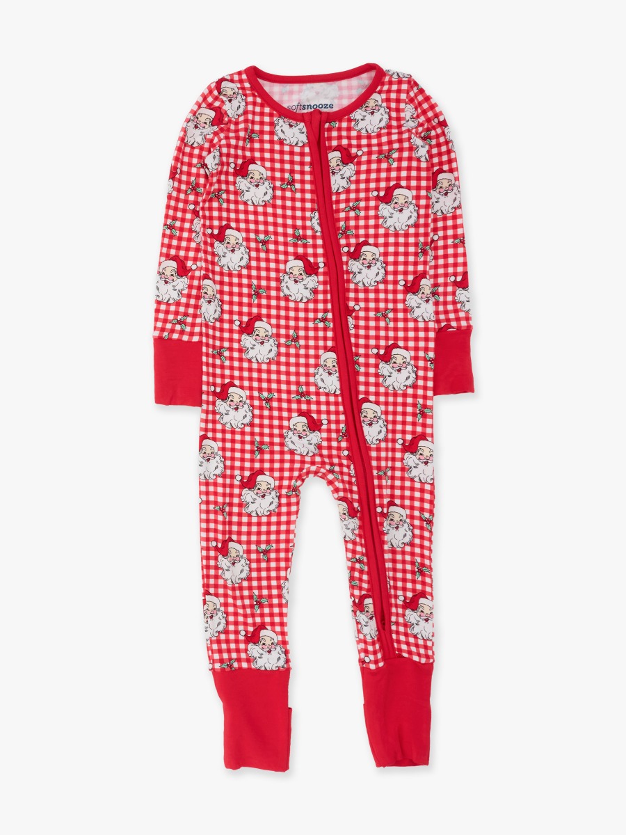 Line drawing of Red Dear Santa Convertible One Piece Pajama, Bamboo Viscose. A dotted circle indicates the approximate location for personalization.
