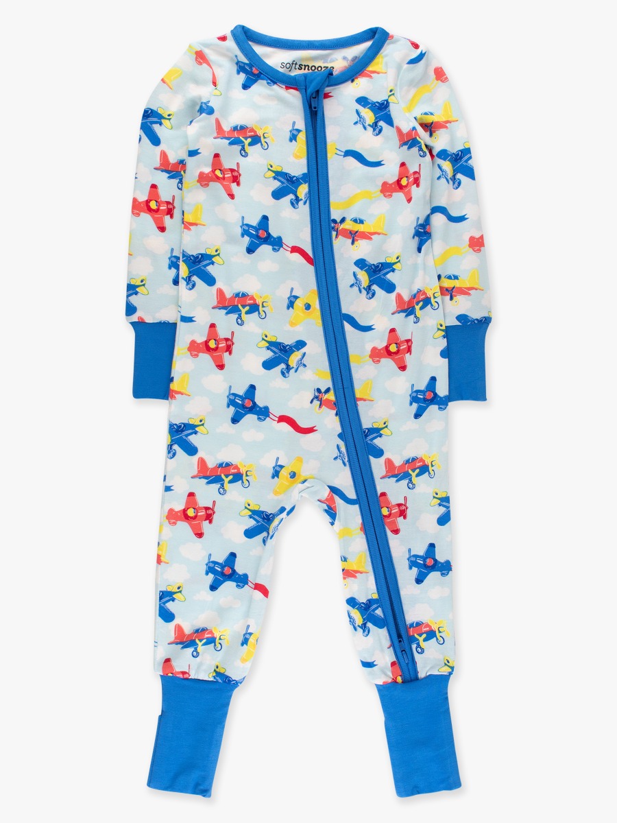 Line drawing of Plane Parade Convertible One Piece Pajama, Bamboo Viscose. A dotted circle indicates the approximate location for personalization.