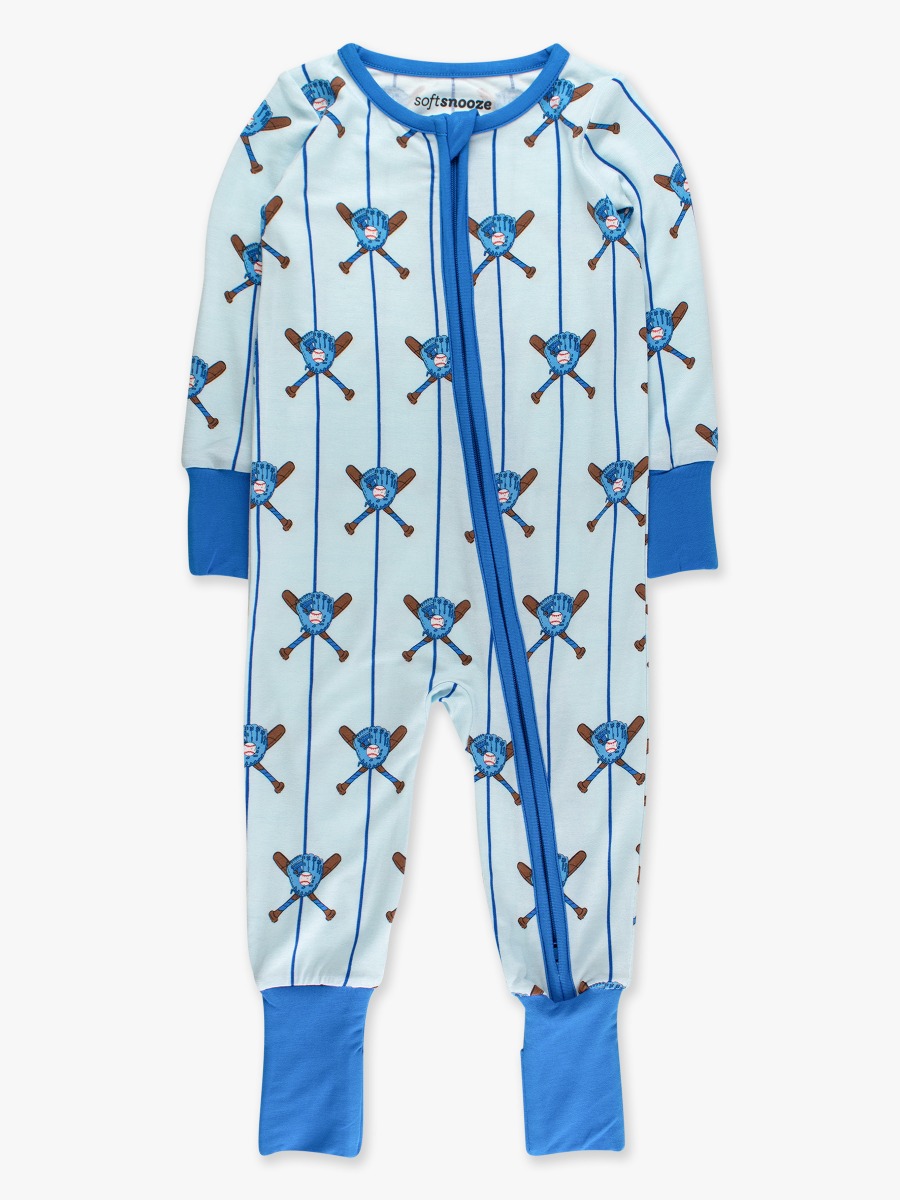 Line drawing of Blue Batter Up Convertible One Piece Pajama, Bamboo Viscose. A dotted circle indicates the approximate location for personalization.