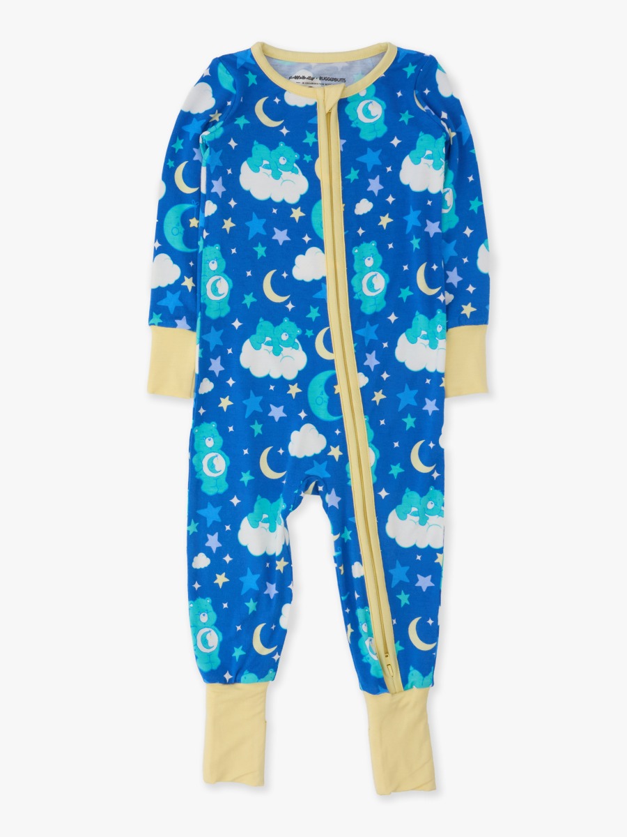 Line drawing of Bed Time Care Bears Convertible One Piece Pajama, Bamboo Viscose. A dotted circle indicates the approximate location for personalization.