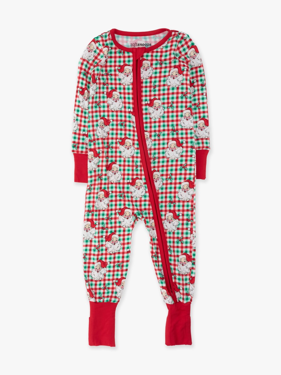 Line drawing of Red & Green Dear Santa Convertible One Piece Pajama, Bamboo Viscose. A dotted circle indicates the approximate location for personalization.