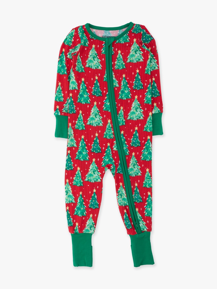 Line drawing of O Christmas Tree Convertible One Piece Pajama, Bamboo Viscose. A dotted circle indicates the approximate location for personalization.