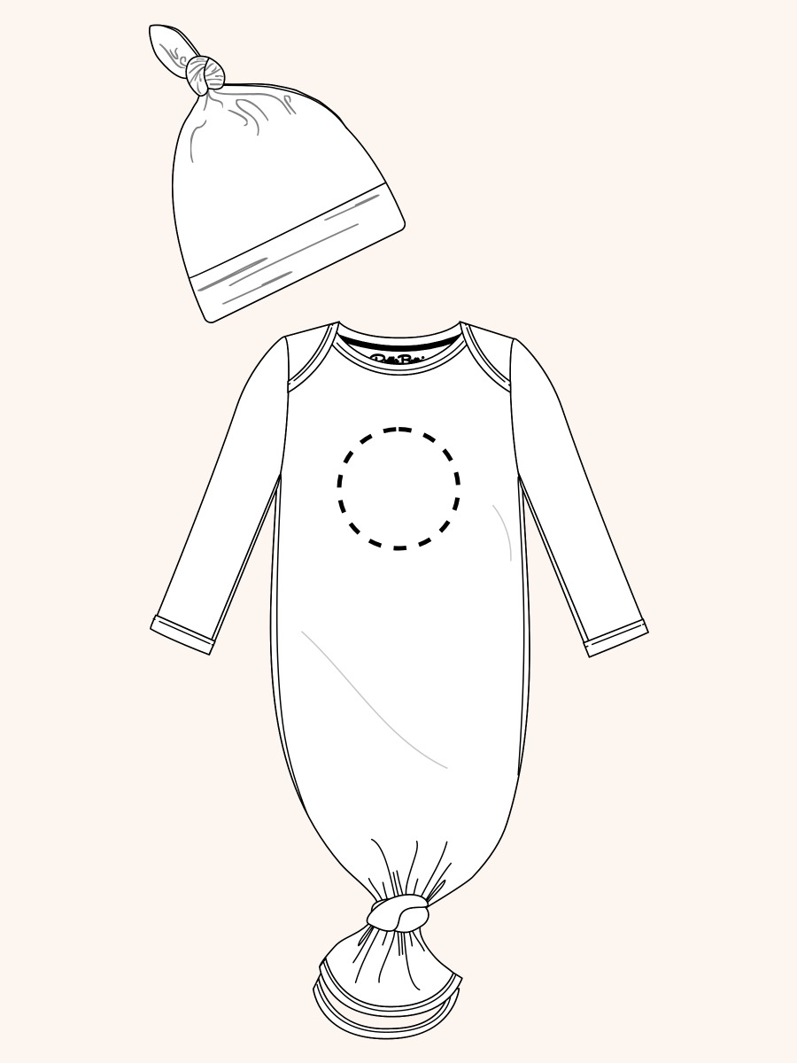 Line drawing of a swimsuit. A dotted circle is placed on the front center of the swimsuit's chest area, indicating the approximate location for personalization.