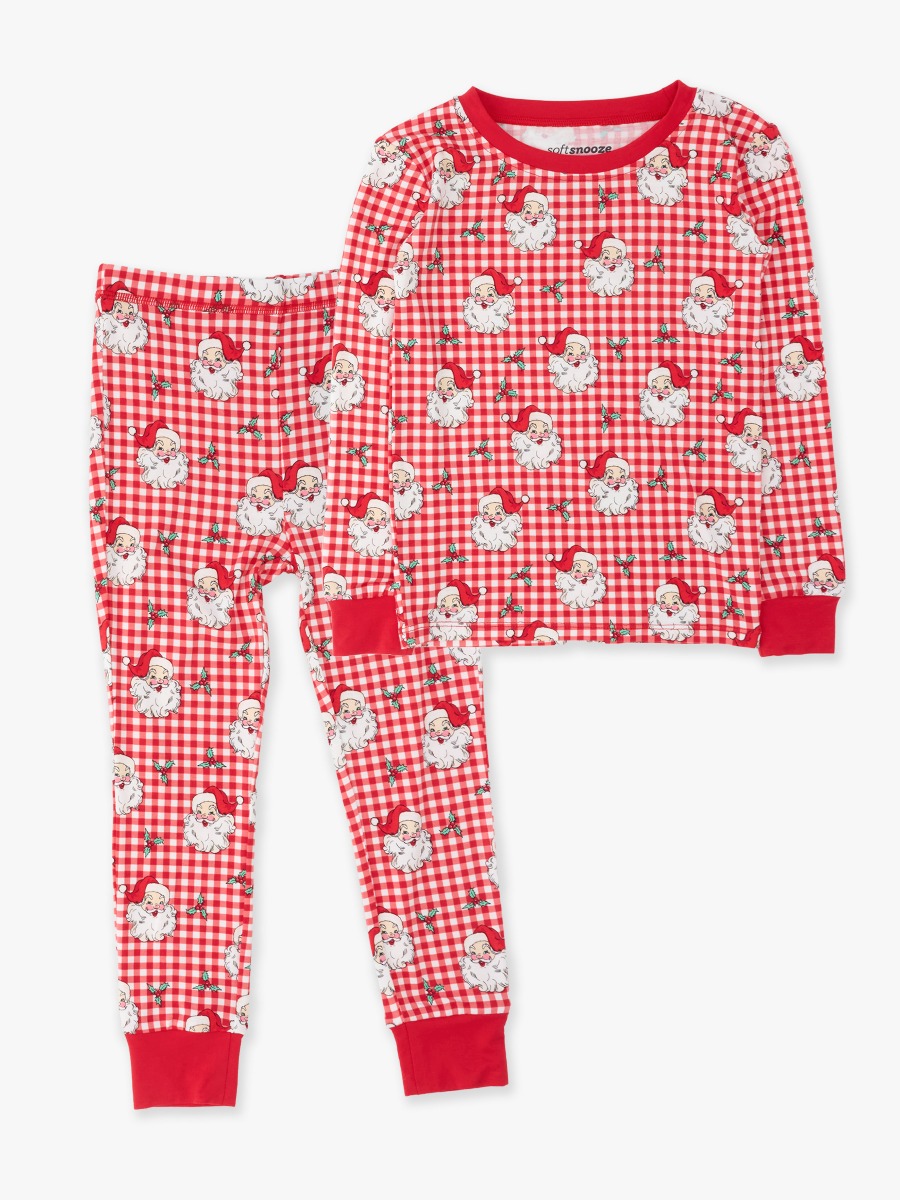 Line drawing of Red Dear Santa Long Sleeve Pajama Set. A dotted circle indicates the approximate location for personalization.
