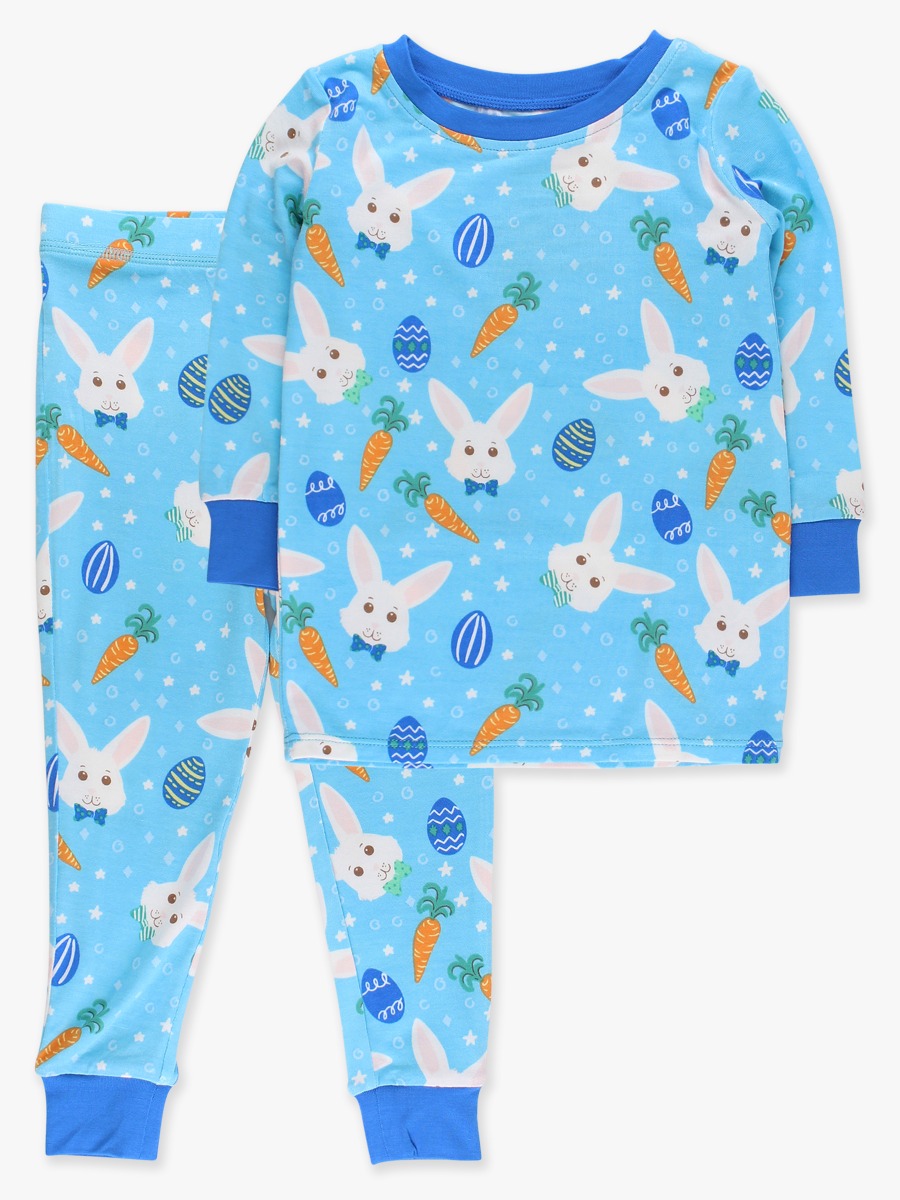 Line drawing of Blue Bow Tie Bunnies Long Sleeve Pajama Set, Bamboo Viscose. A dotted circle indicates the approximate location for personalization.