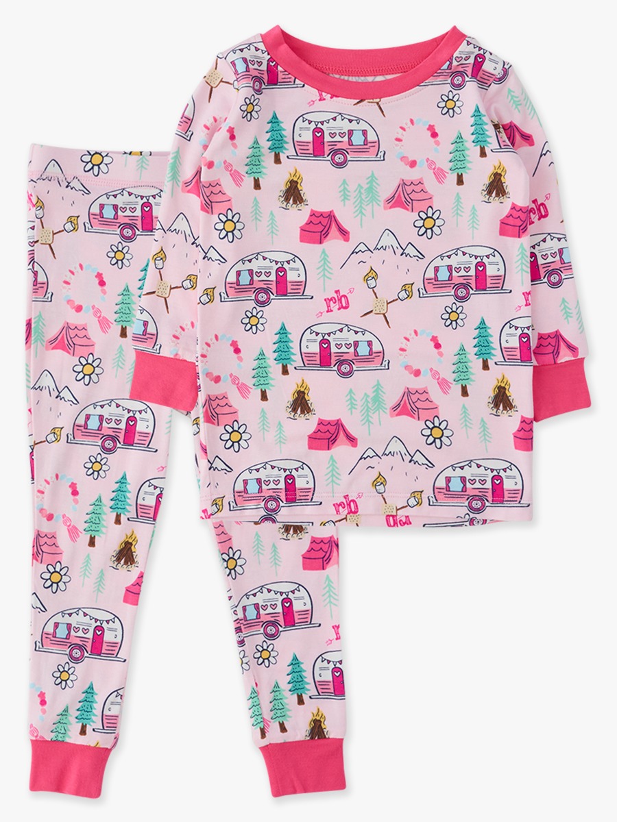 Line drawing of Pink Campfire Crew Long Sleeve Pajama Set,Bamboo Viscose. A dotted circle indicates the approximate location for personalization.