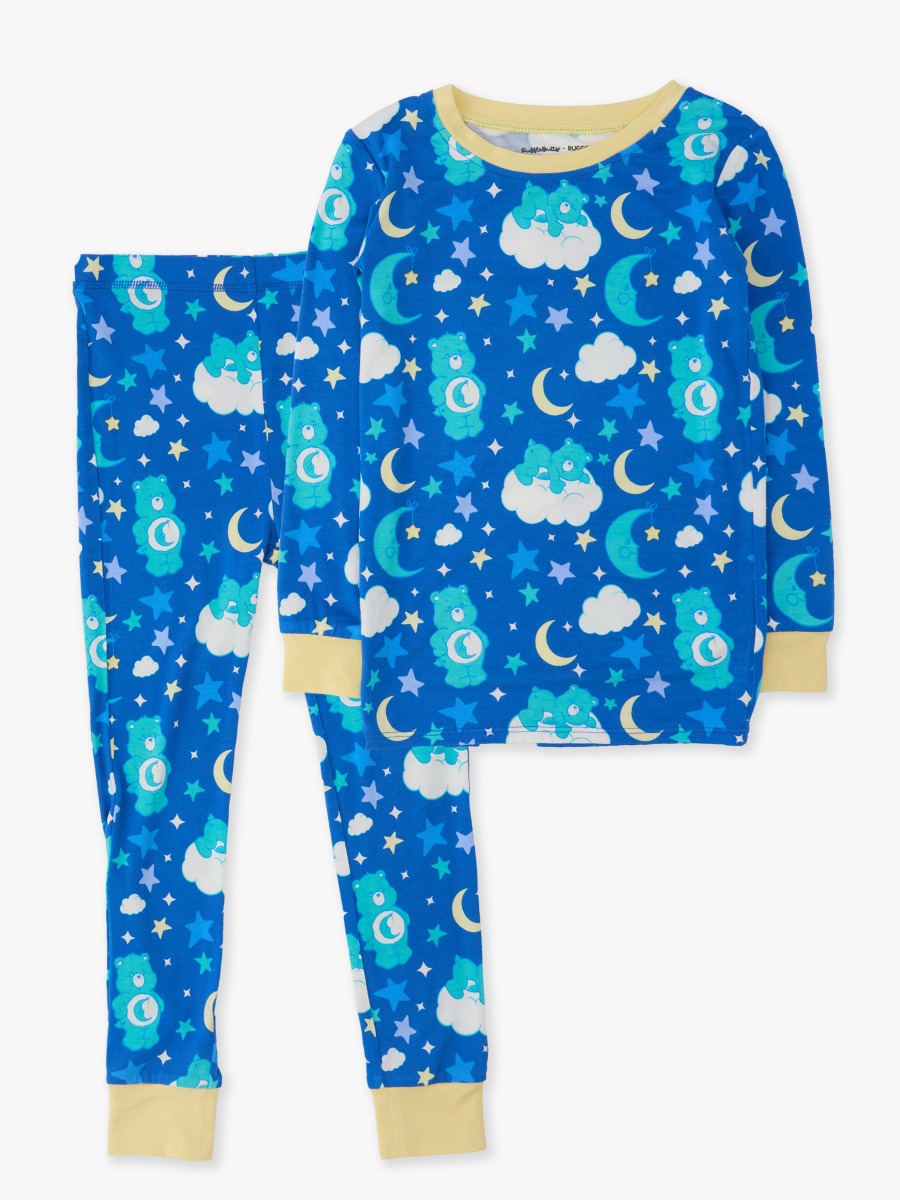Line drawing of Bed Time Care Bears Long Sleeve Pajama Set, Bamboo Viscose. A dotted circle indicates the approximate location for personalization.