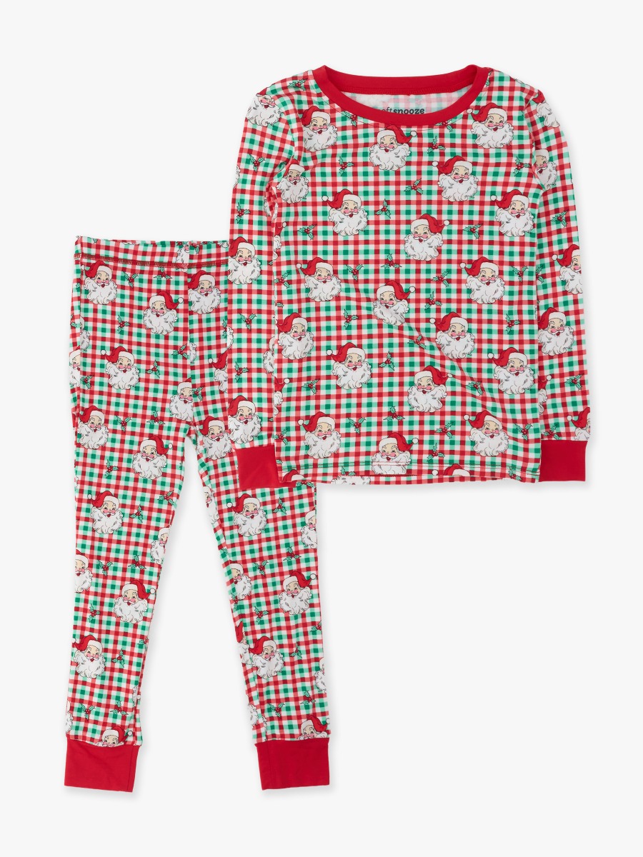 Line drawing of Red & Green Dear Santa Long Sleeve Pajama Set, Bamboo Viscose. A dotted circle indicates the approximate location for personalization.