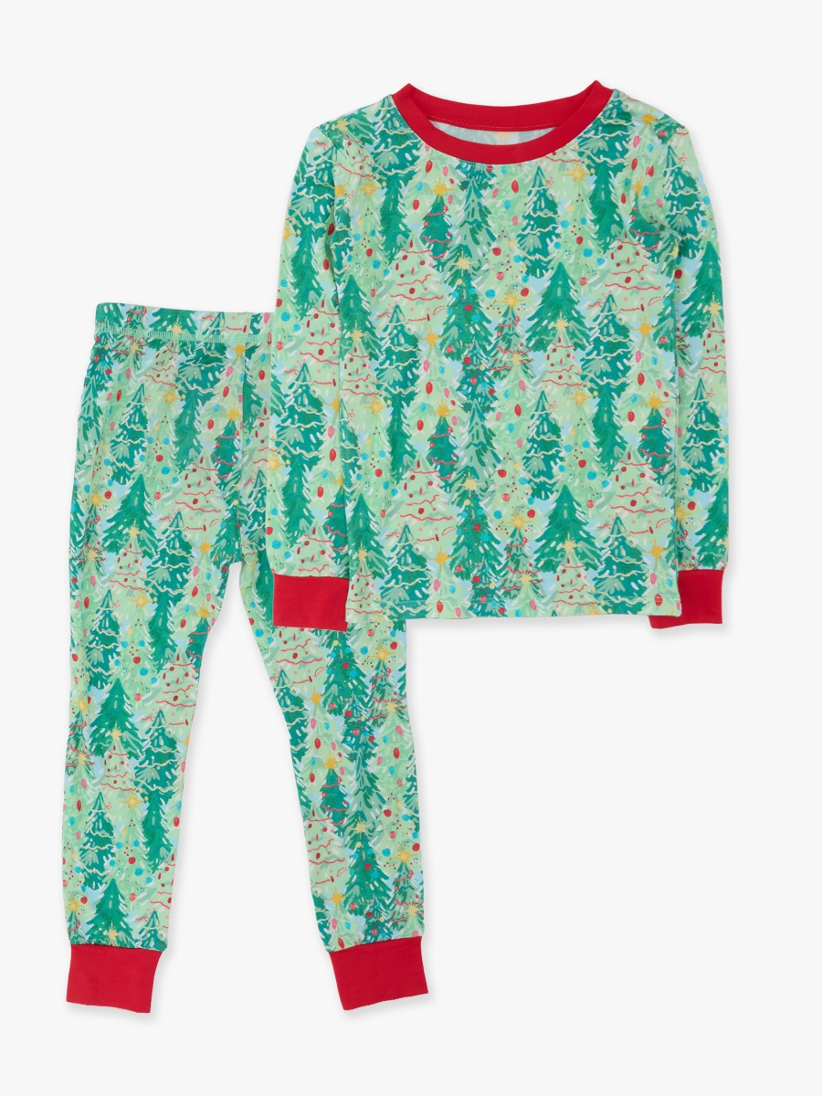 Line drawing of Green Jolly Grove Long Sleeve Pajama Set, Bamboo Viscose. A dotted circle indicates the approximate location for personalization.
