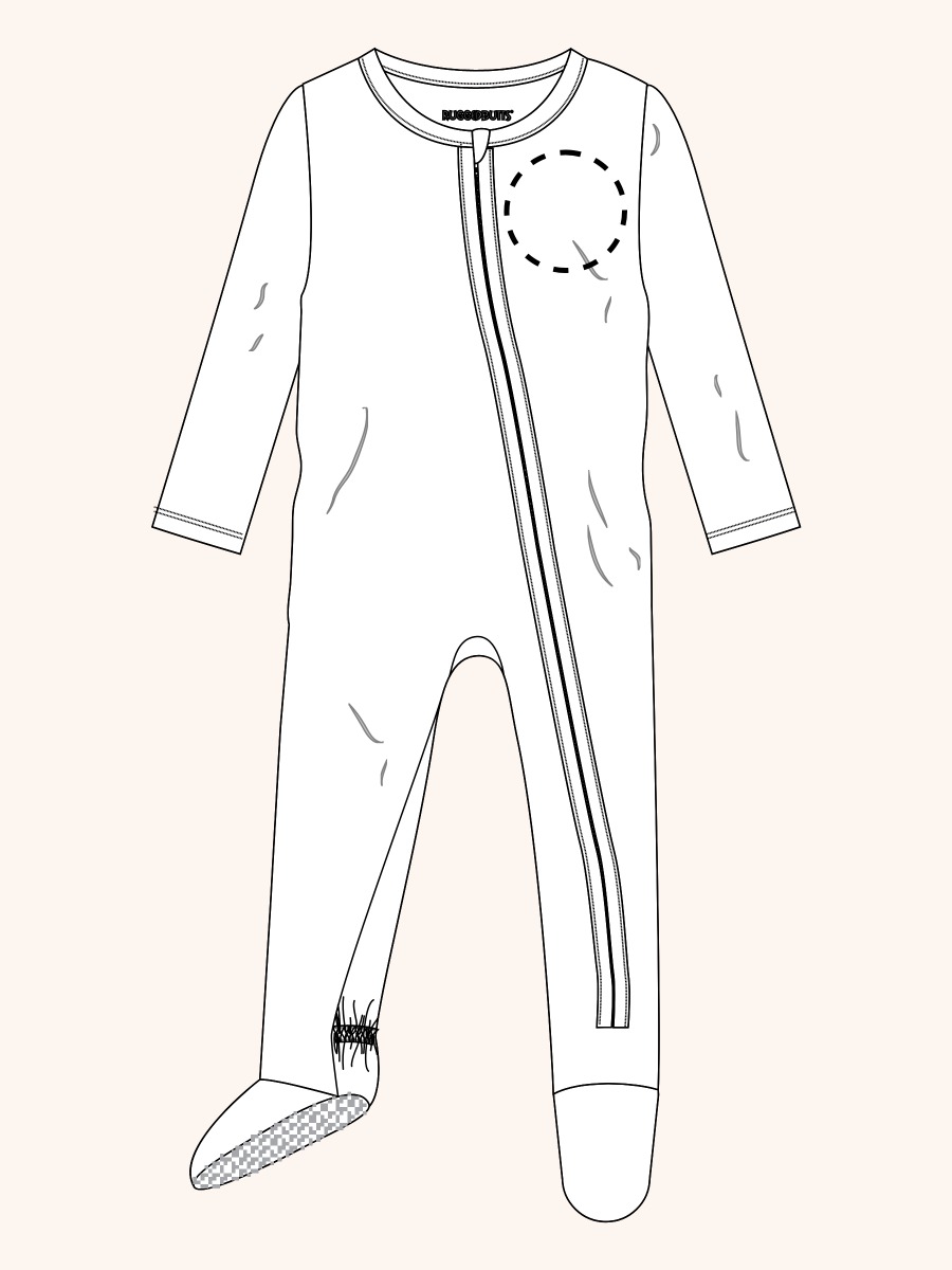 Line drawing of Red & White Gingham One Piece Footie Pajamas, Modal Blend. A dotted circle indicates the approximate location for personalization.