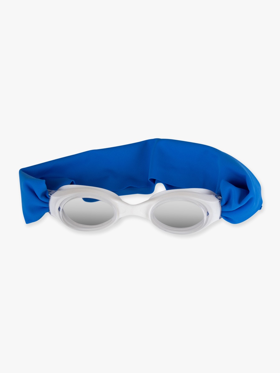 Line drawing of Sonic Blue Swim Goggles. A dotted circle indicates the approximate location for personalization.