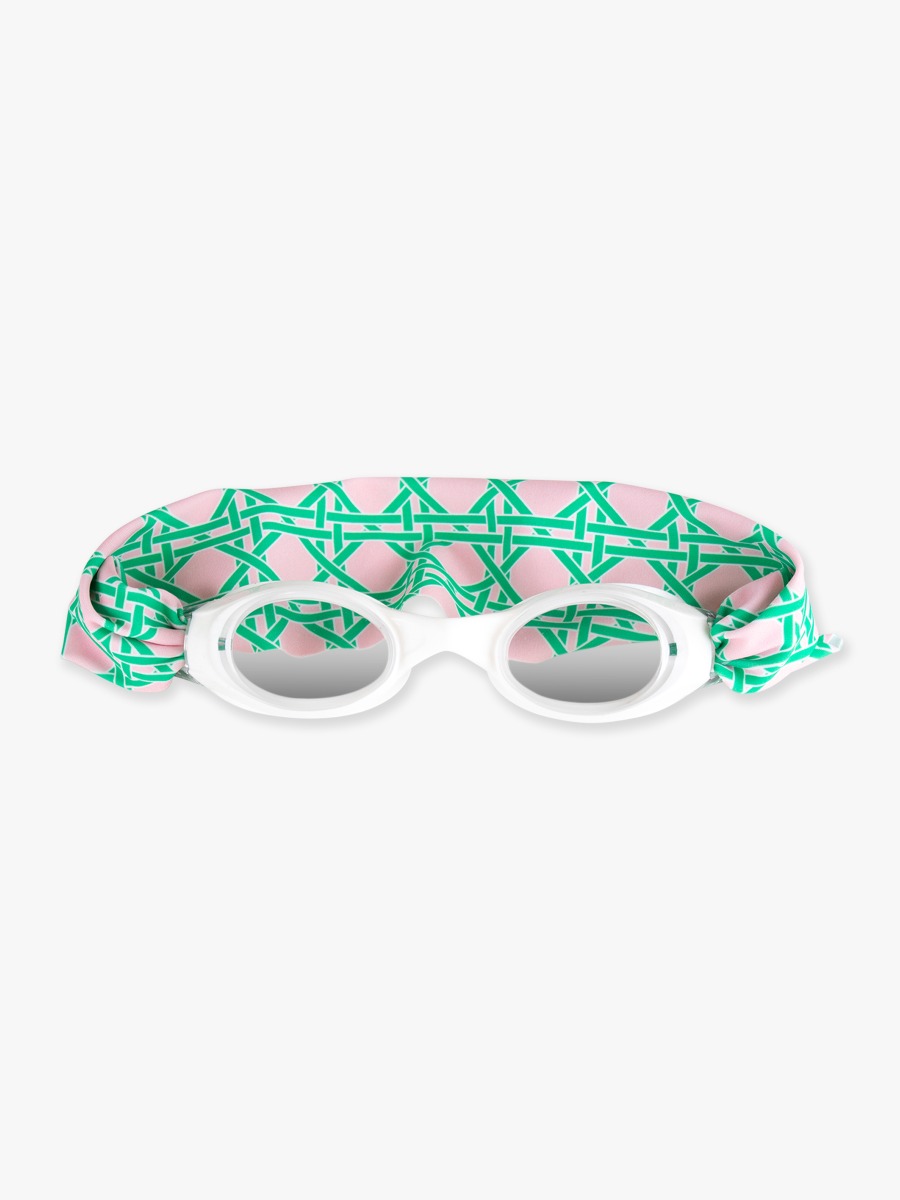Line drawing of Pink Coastal Cane Swim Goggles. A dotted circle indicates the approximate location for personalization.