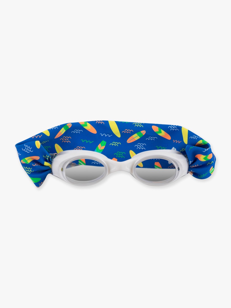 Line drawing of Neon Surfs Up Swim Goggles. A dotted circle indicates the approximate location for personalization.