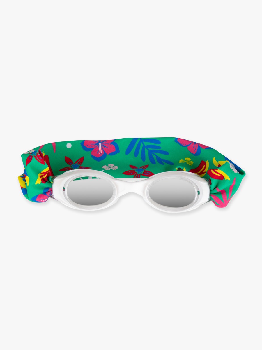 Line drawing of Parrot Palms Swim Goggles. A dotted circle indicates the approximate location for personalization.