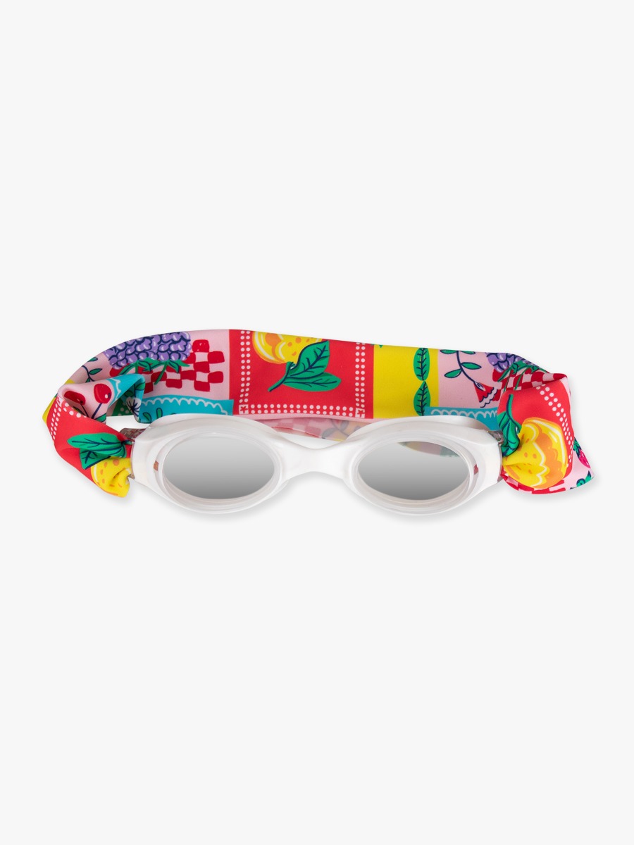 Line drawing of Picnic Party Swim Goggles. A dotted circle indicates the approximate location for personalization.