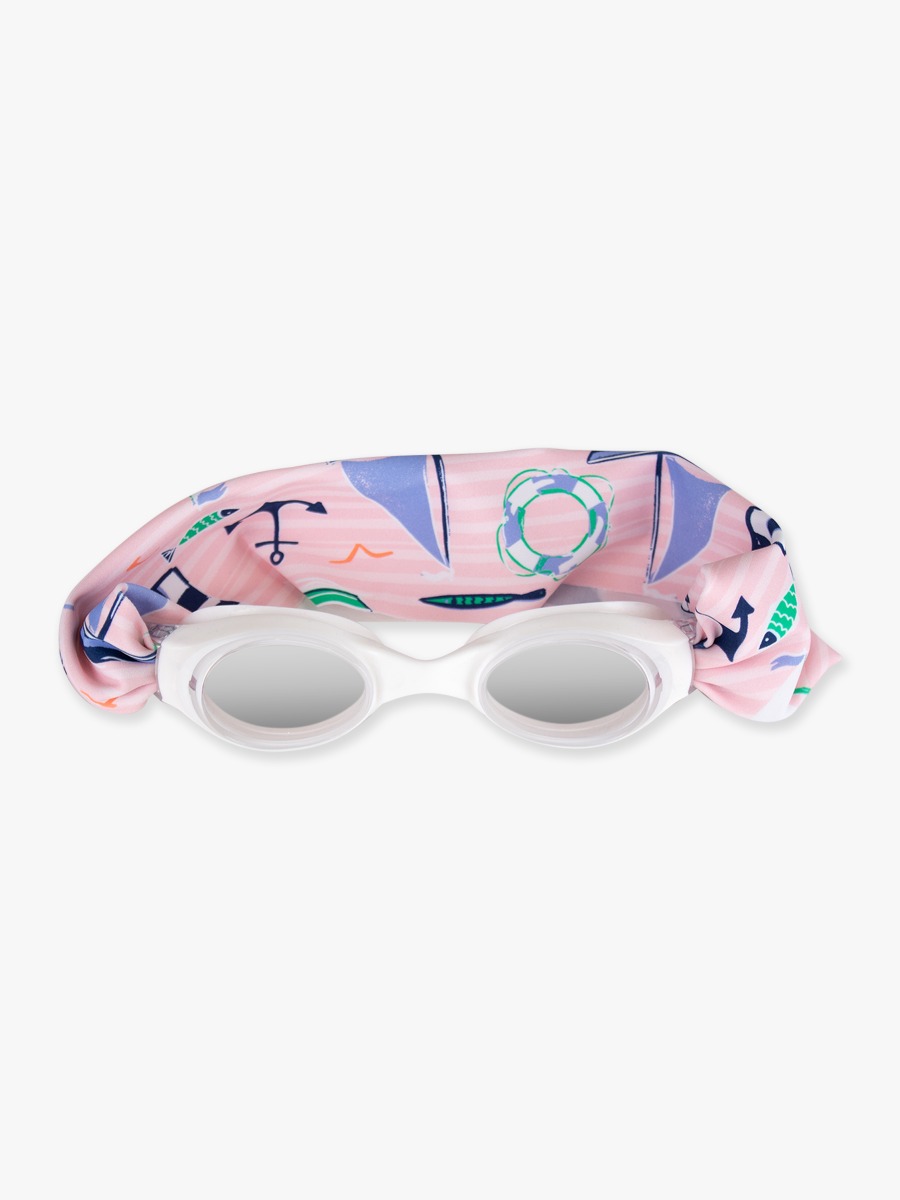Line drawing of Pink Sweet Sails Swim Goggles. A dotted circle indicates the approximate location for personalization.