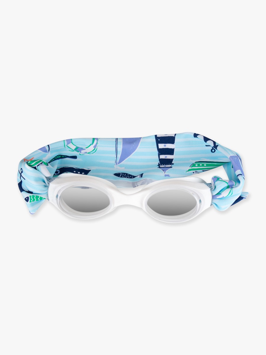 Line drawing of Blue Sweet Sails Swim Goggles. A dotted circle indicates the approximate location for personalization.