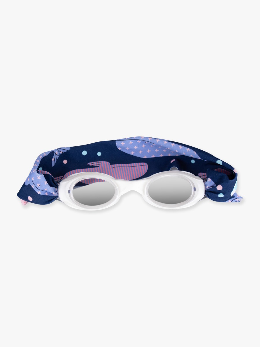 Line drawing of Whale Harbor Swim Goggles. A dotted circle indicates the approximate location for personalization.
