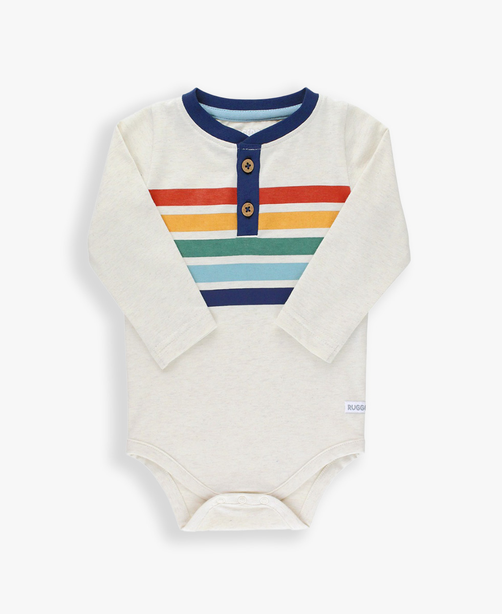 Heather Oatmeal Rainbow Stripe Henley Bodysuit - 0-3m