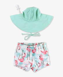Flamingo Shorties & Vintage Aqua Hat Set