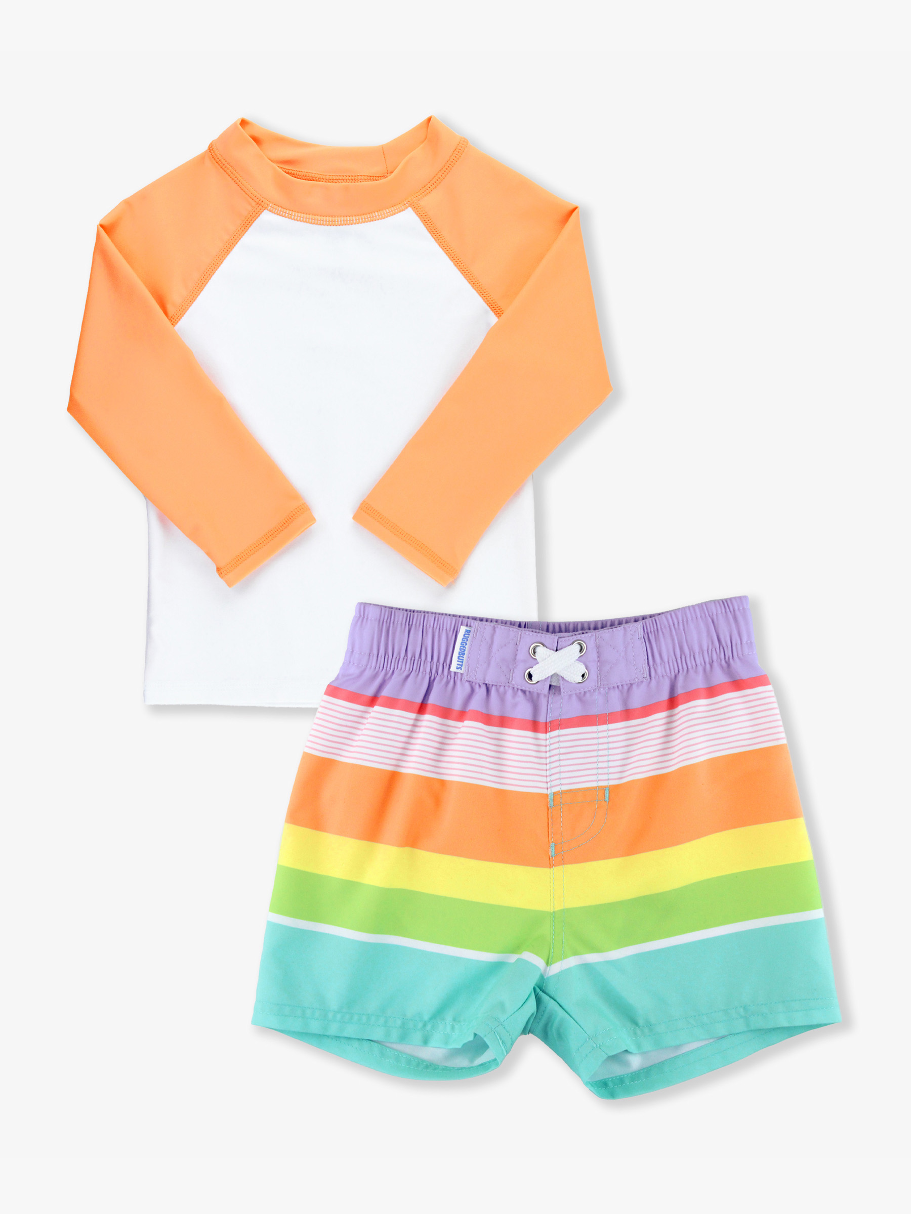 Melon Rash Guard & Island Rainbow Swim Trunks