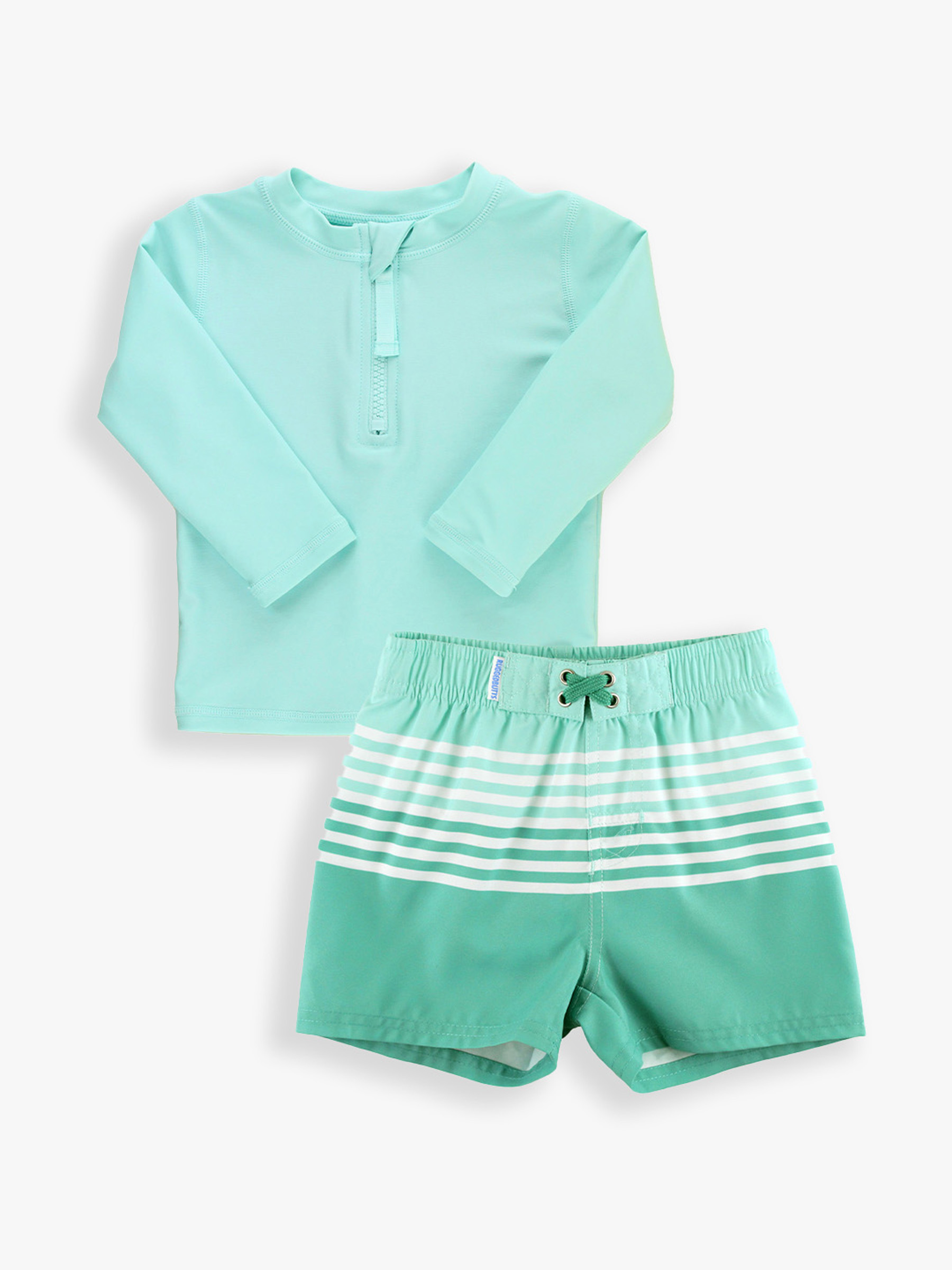 Vintage Aqua Zipper Rash Guard & Ocean Stripe Trunks