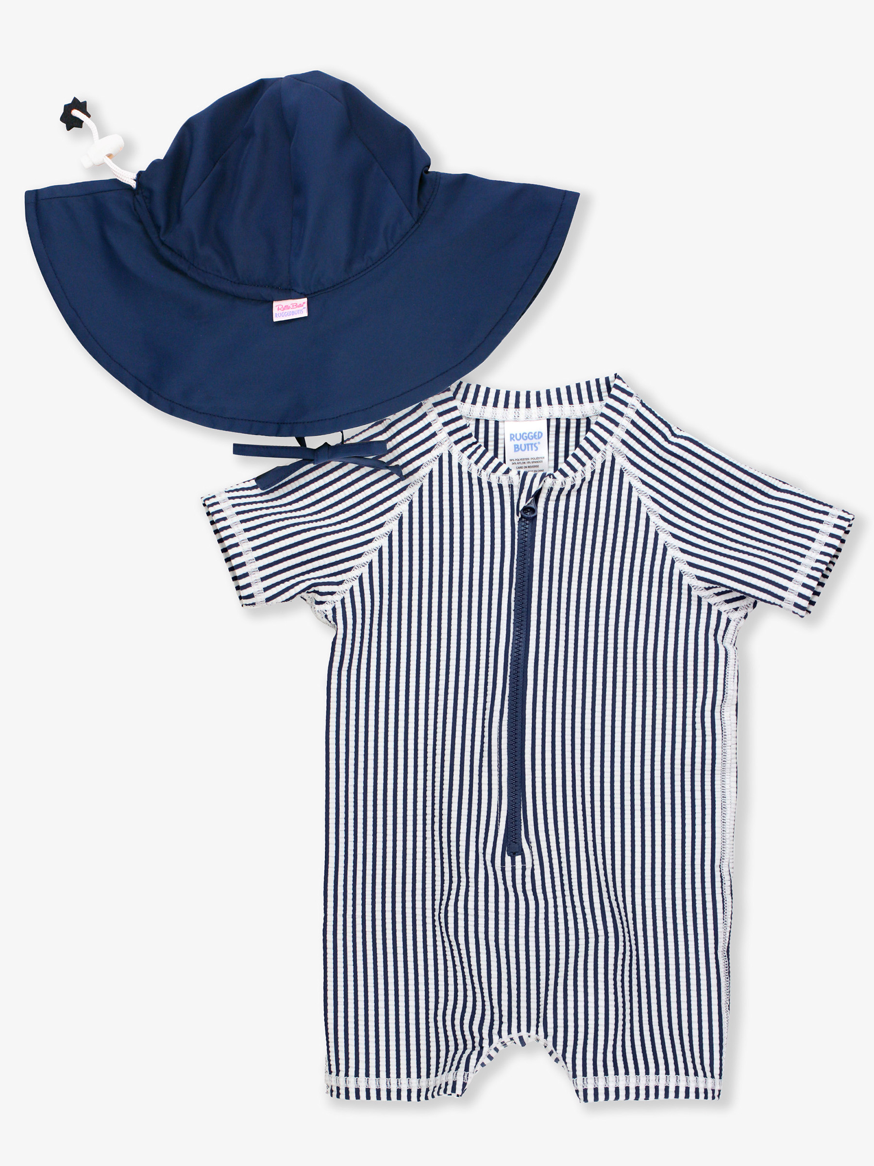 Navy Seersucker Short Sleeve One Piece Rash Guard & Navy Sun Hat Set