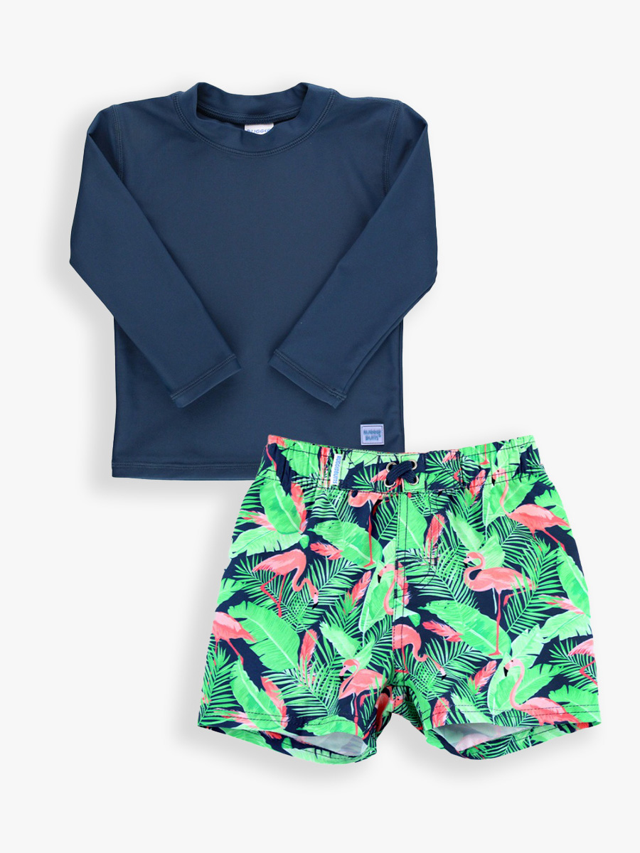 Navy Long Sleeve Rash Guard & Flamingo Frenzy Swim Trunks Set