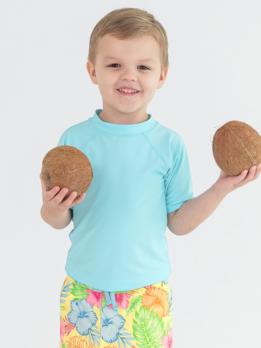 Tropical Breeze Short Sleeve Rash Guard & Happy Hula Swim Trunks Set