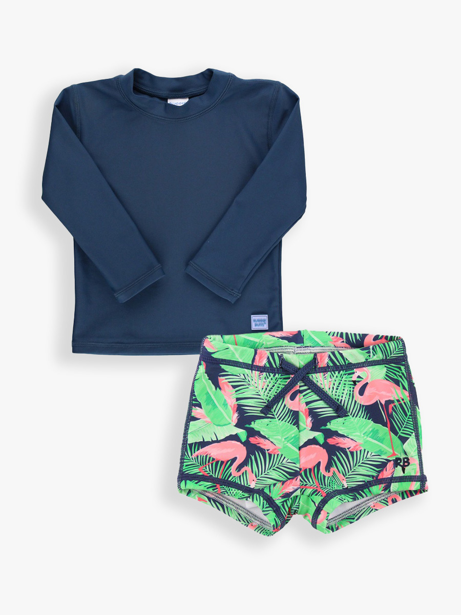 Navy Long Sleeve Rash Guard & Flamingo Frenzy Swim Shorties Set