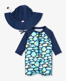 Fish Friends Long Sleeve One Piece & Navy Sun Protective Hat Set