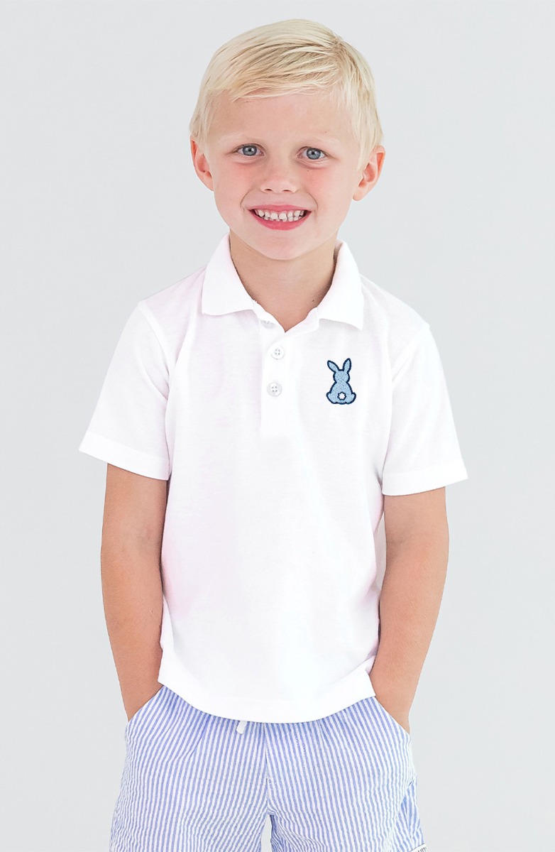 Blue Bunny Embroidered White Pique Short Sleeve Polo Shirt