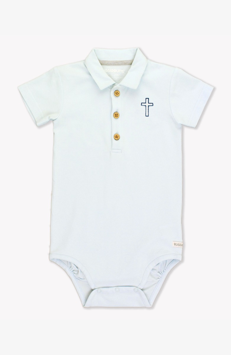 White Cross Embroidered Light Blue Short Sleeve Polo Bodysuit