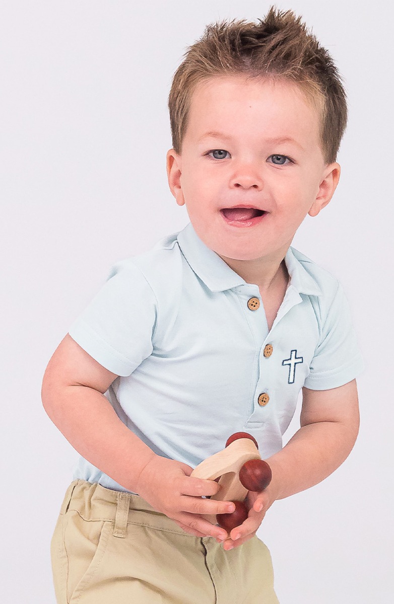 White Cross Embroidered Light Blue Short Sleeve Polo Bodysuit