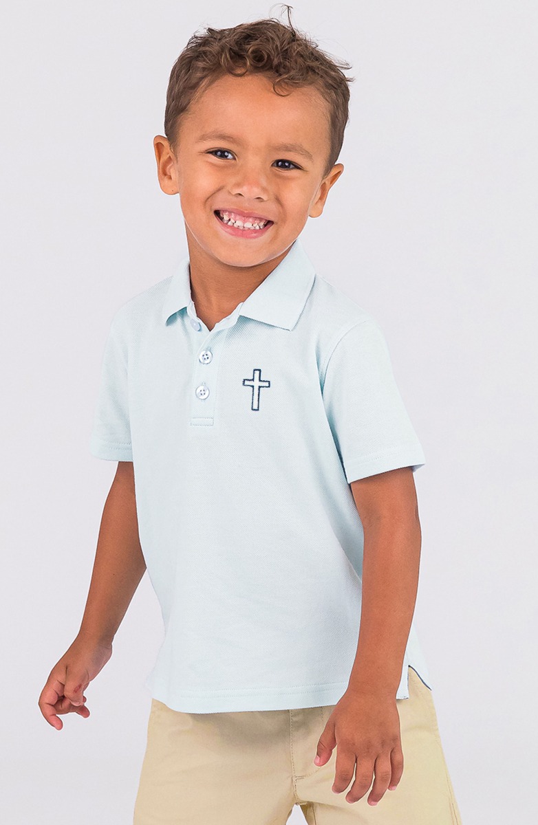 White Cross Embroidered Light Blue Pique Short Sleeve Polo Shirt