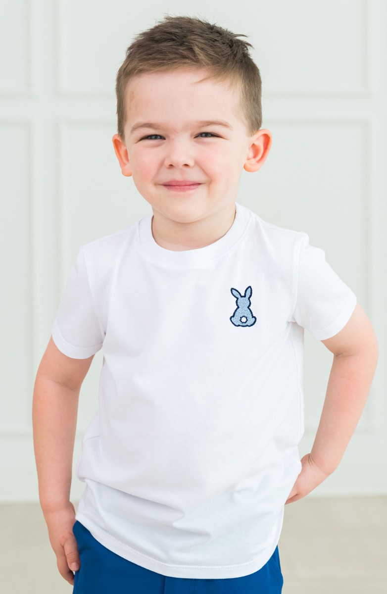 Blue Bunny Embroidered White Short Sleeve Basic Tee