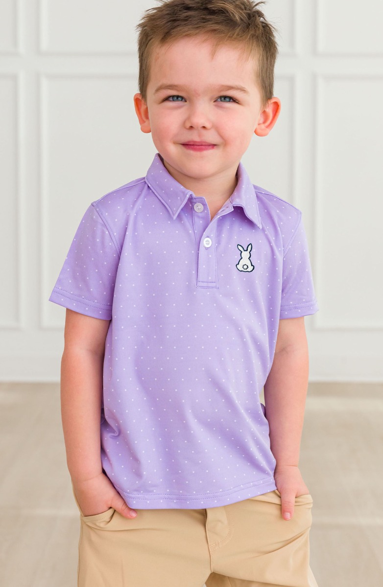 White Bunny Embroidered Lavender Pin Dot Knit Short Sleeve Performance Polo