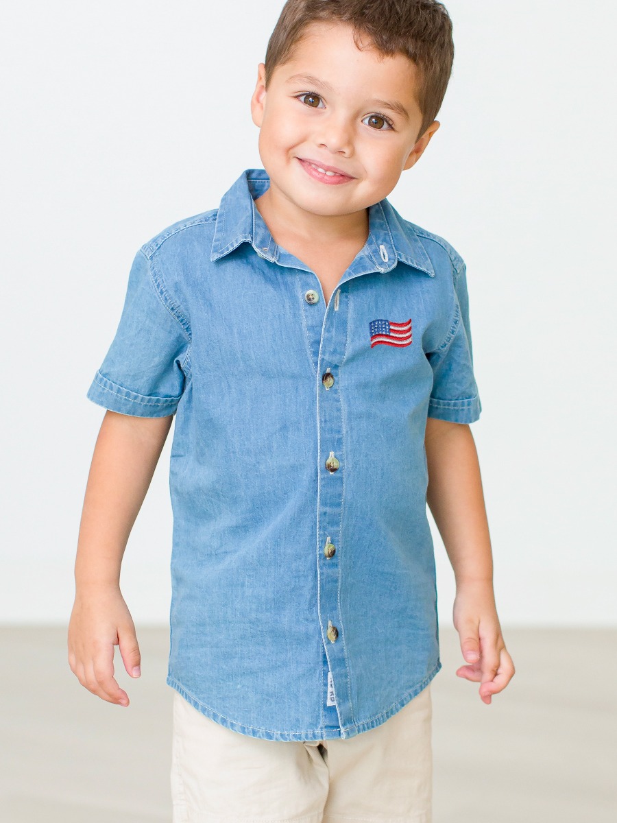 Americana Flag Embroidered Light Wash Short Sleeve Button Down Shirt