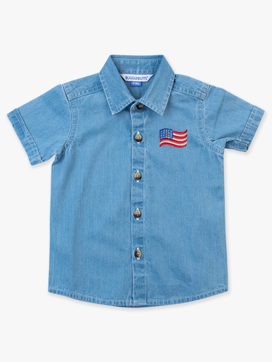 Americana Flag Embroidered Light Wash Short Sleeve Button Down Shirt