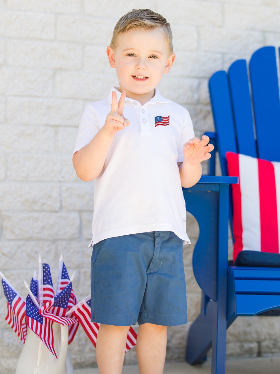American Flag Embroidered White Short Sleeve Polo