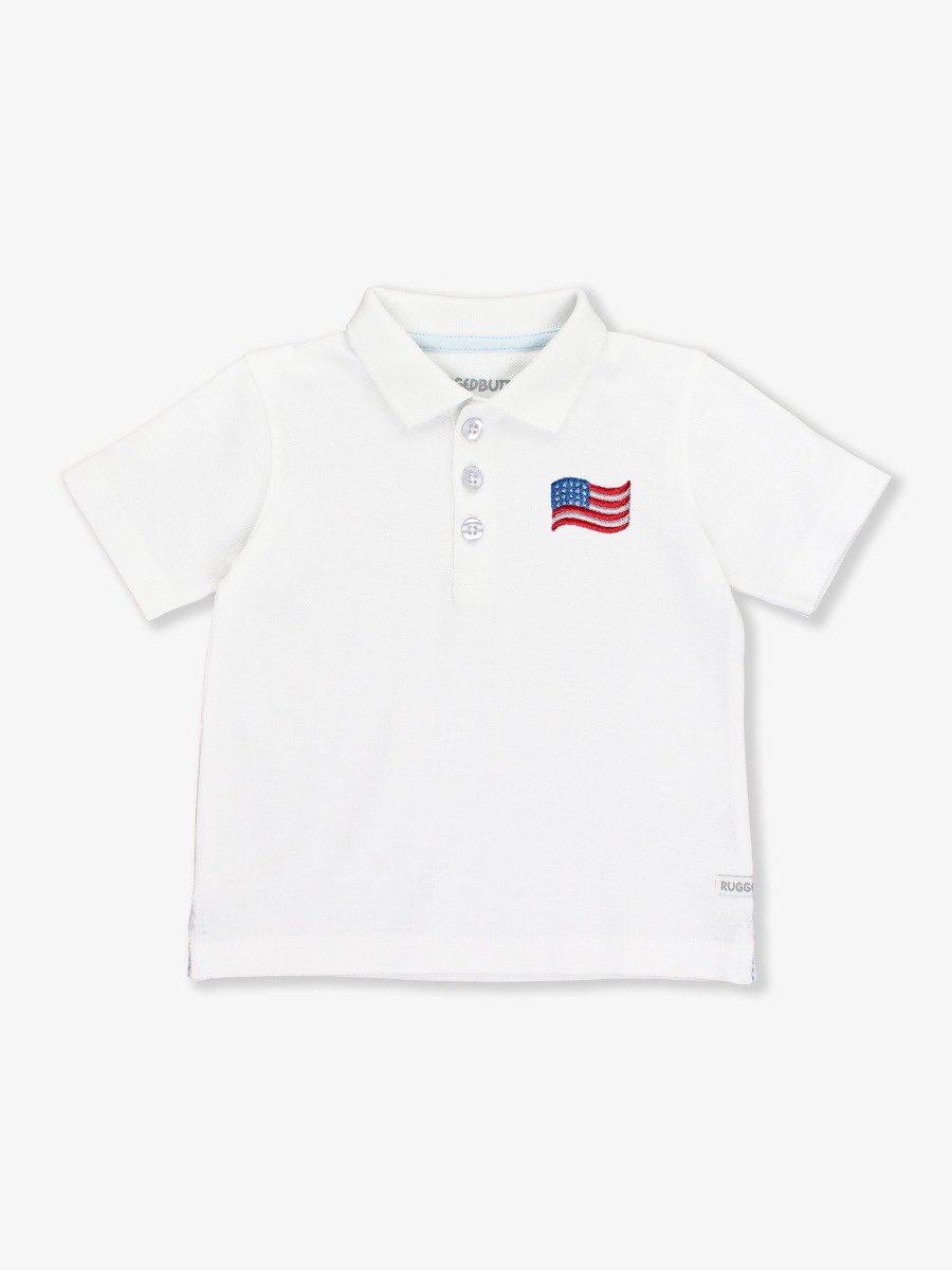 American Flag Embroidered White Short Sleeve Polo