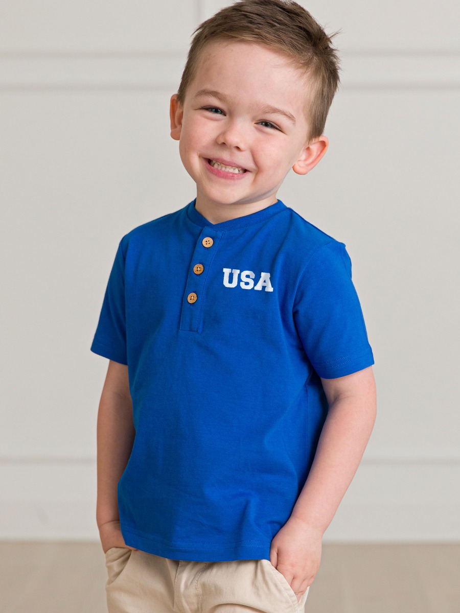 White USA Embroidered Blue Short Sleeve Knit Henley