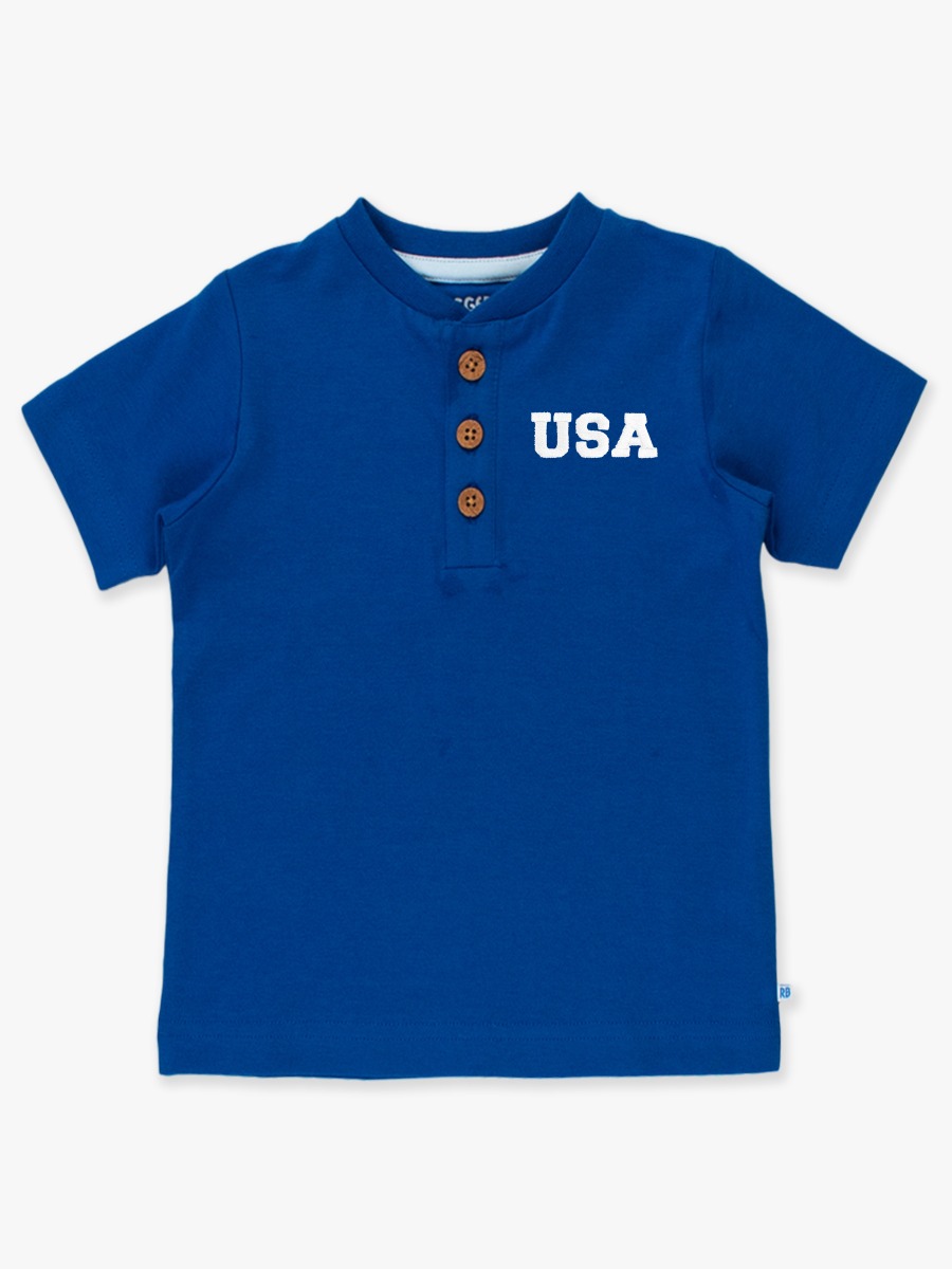 White USA Embroidered Blue Short Sleeve Knit Henley
