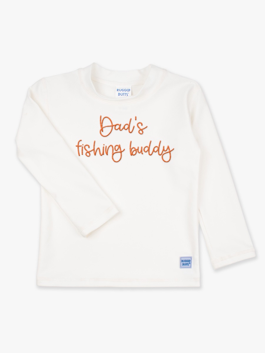 Orange Dad's fishing buddy Embroidered White Long Sleeve Rash Guard