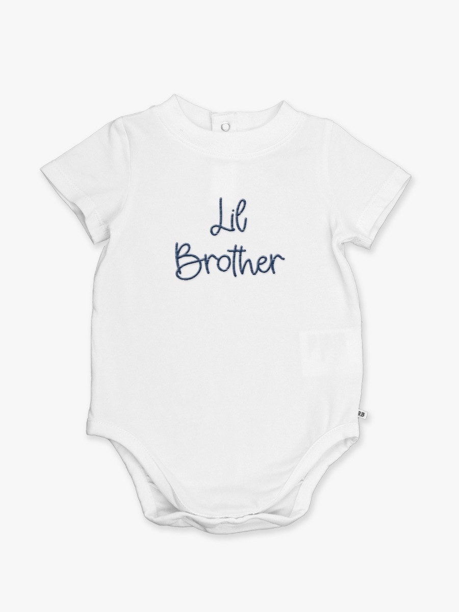 Navy Lil Brother Embroidered White Short Sleeve Basic Bodysuit