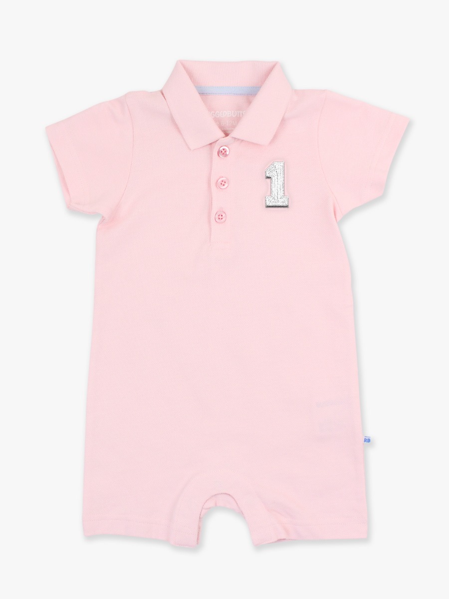 White Number 1 Embroidered Pink Pique Polo Romper